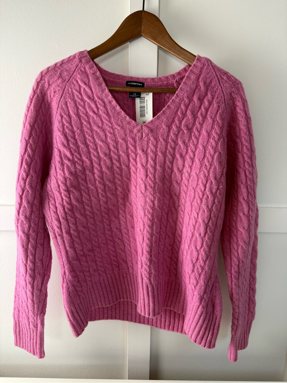 GapStretch Pink Lamb’s Wool Cable Knit V-Neck Sweater Size Large L/G